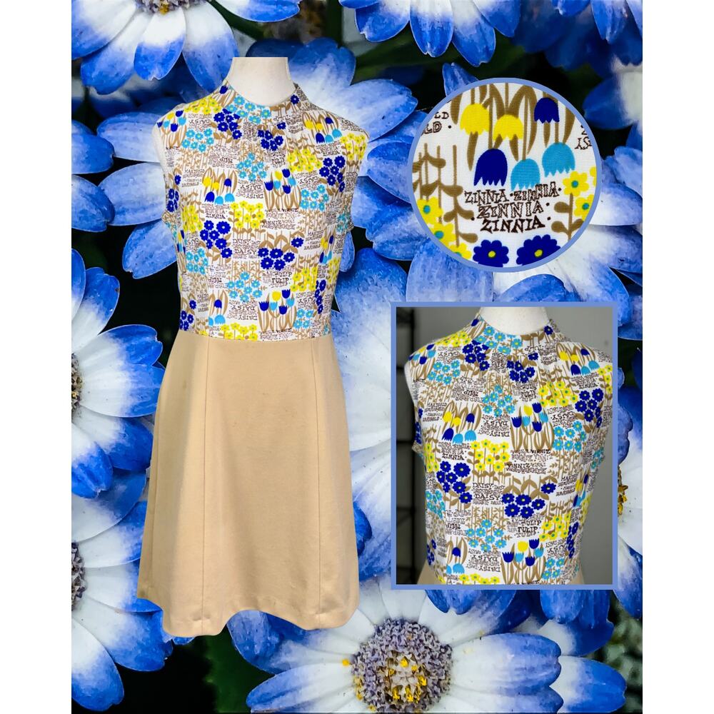 Vintage 70s Sears Jr. Bazaar Flower Power Graphic Flower Mini Dress Size 13